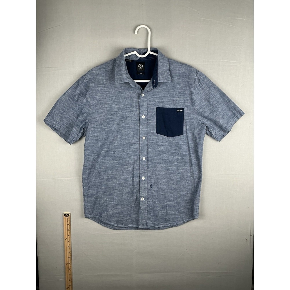 Volcom Mens Button Up Shirt Medium Blue Short Sleeve Pocket